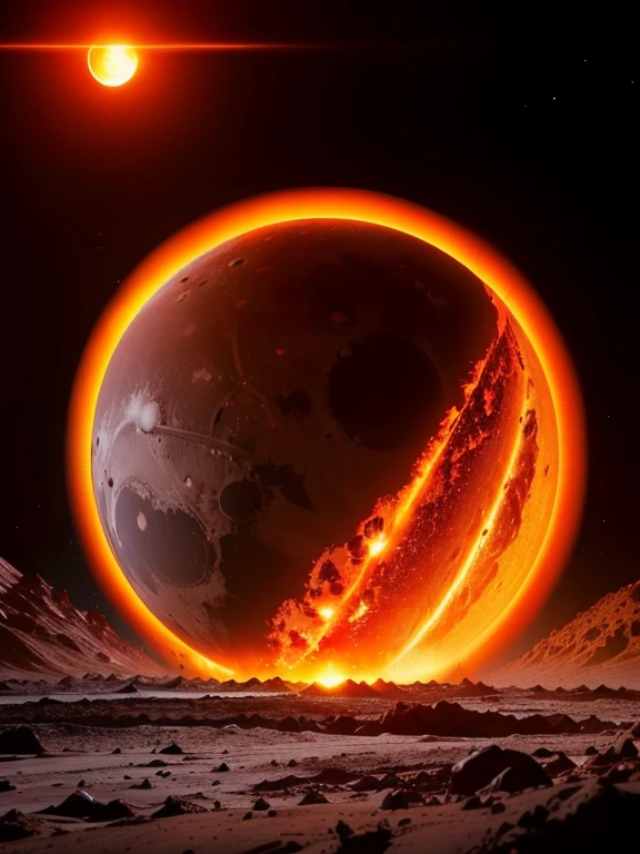 a view of a planet with a bright orange ring around it, glowing magma sphere where magma fully spans across the planet in a vein-like structure, destroyed planet, the moon crashes into the earth, the moon crashing into the earth, planet with rings, apocalyptic spherical explosion, a large sphere of red energy, red rising planet, orange planet, nuclear blast moon eclipse, exploding planet in background