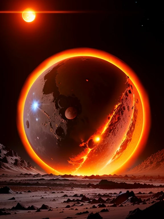 A view of a planet with a bright orange ring around it, glowing magma ...