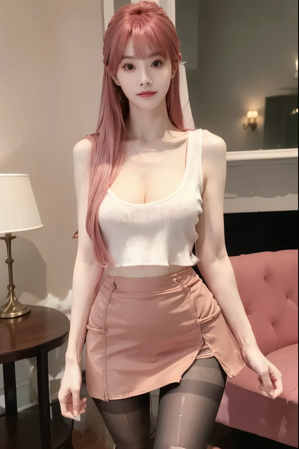 Beautiful woman with perfect body:1.4,Layered Hairstyle,Prominent cleavage,Highly detailed face and skin textures,Double eyelids,Skin Whitening,Long hair,Whitened long legs,Pink hair,(Tight-fitting sleeveless vest,miniskirt,Black pantyhose)standing in living room