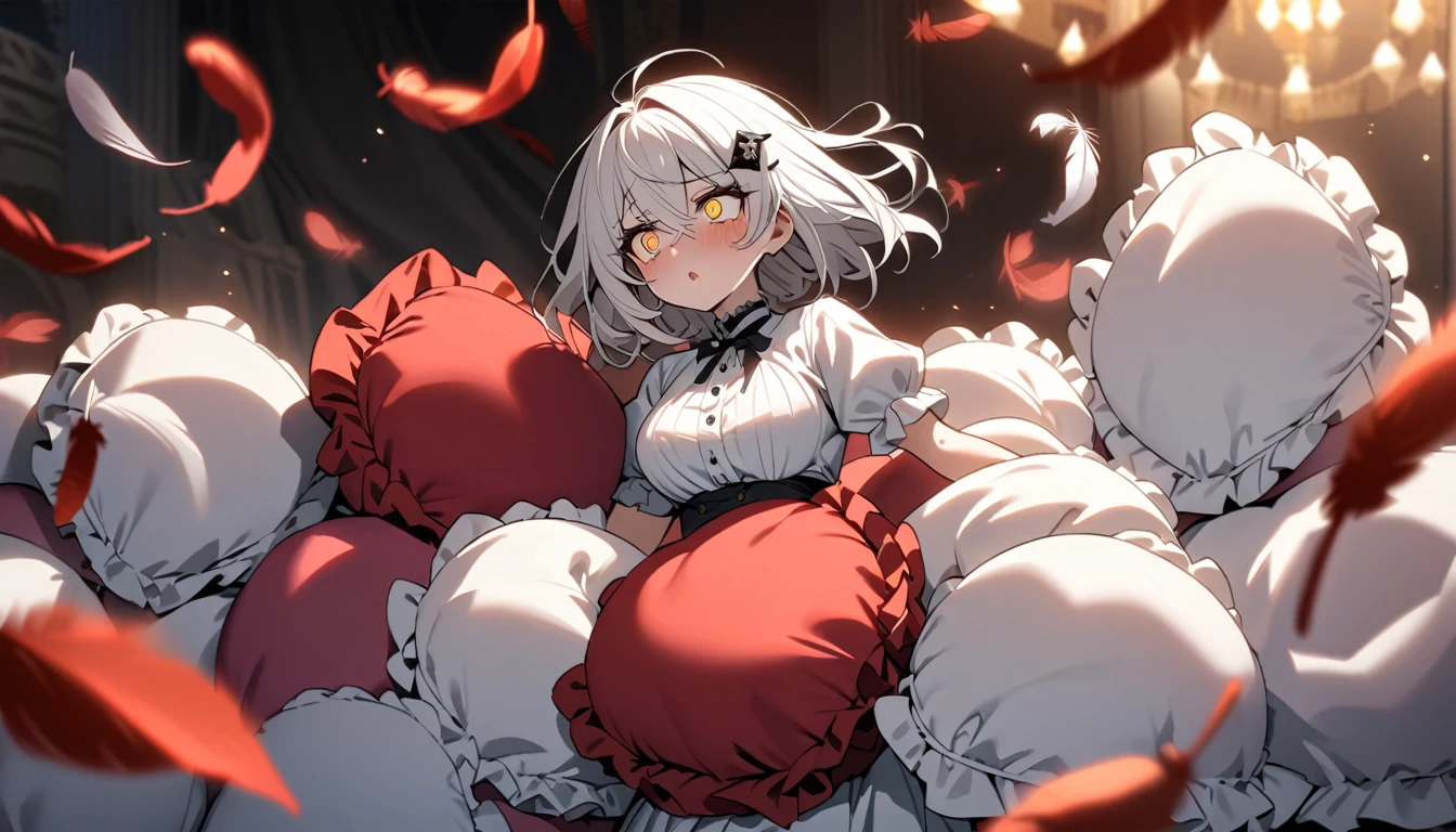 A woman, flowing white hair, melancholy eyes, yellow pupils, black diamond-shaped hairpin, She slaps a super huge red silk cushion many cushions. Tiny feathers are dancing,