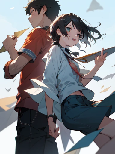 2 people, 2 shots, looking away, boy, , friends, paper planes, active posing, warm atmosphere, 2 people, blue sky, perfect composition, trending pixiv fanbox, happy, clear eyes, anime hand drawn illustration, (perfect anatomy), (ingenious angle), beautiful composition,