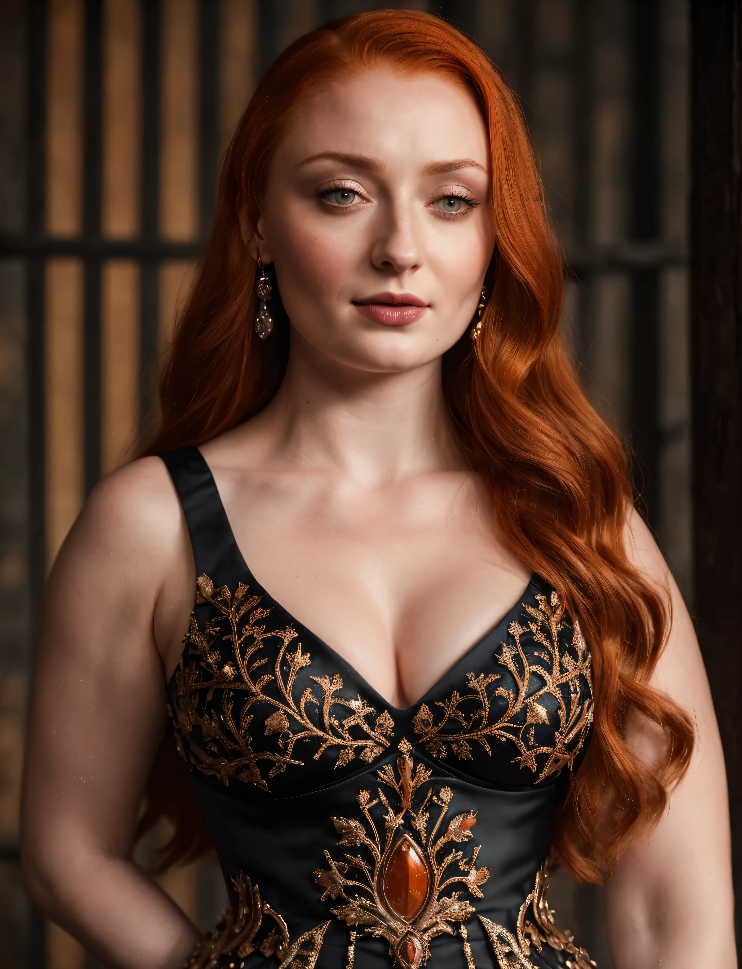 Face of Sophie Turner, Sansa Stark played by Sophie Turner, the de facto Lady of the Eyrie, is a 40-year-old mature queen with a stunning, alluring appearance. Full Face, pierced eyes, reddish lips, upper body shot, erotic Mediaeval costumes, game of thrones costumes, She wears a Game of Thrones-inspired costume and has a deep cleavage, a perfect thick body, and a perfect thick figure. The photograph captures her in a close-up, with her skin texture and facial features being ultra-realistic and realistic. Juicy thick figure, high quality skin, Skin pores, amazing details, snow, snow flakes, semi realistic, extremely detailed eyes, dark moody orange and black settings, cool environment, artificial intelligence, winter, winter scene, 