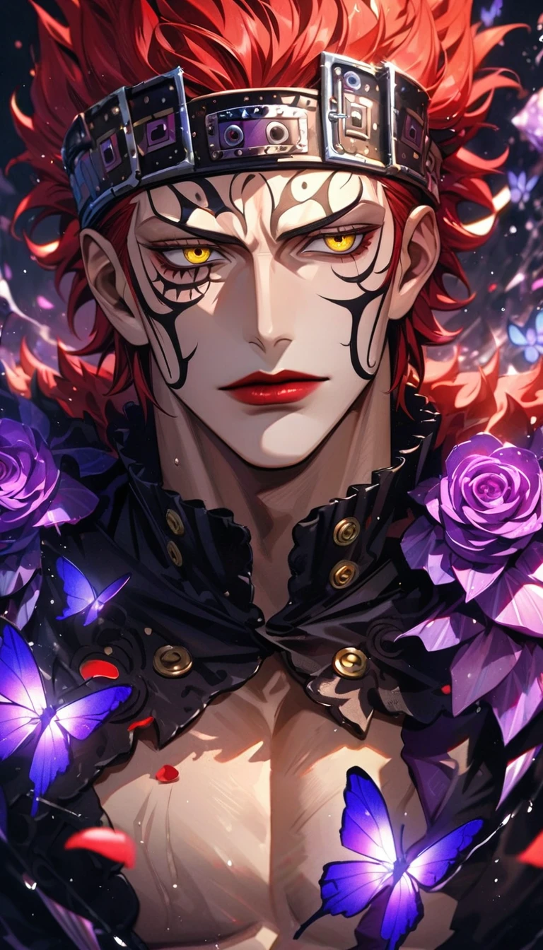 Ultra detailed, HDR, Highres, absurdres, master piece, Eustass ???, red hair, expressive yellow eyes, red lips, black clothes with patterns, One Piece, purple glittering butterflies, purple ice, petals, purple ice roses, sexy man, solo, extremely detailed face and eyes, handsome, glittering, water