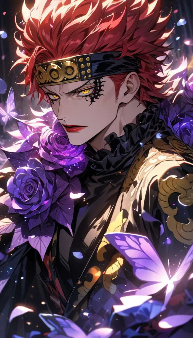 Ultra detailed, HDR, Highres, absurdres, master piece, Eustass ???, red hair, expressive yellow eyes, red lips, black clothes with patterns, One Piece, purple glittering butterflies, purple ice, petals, purple ice roses, sexy man, solo, extremely detailed face and eyes, handsome, glittering, water