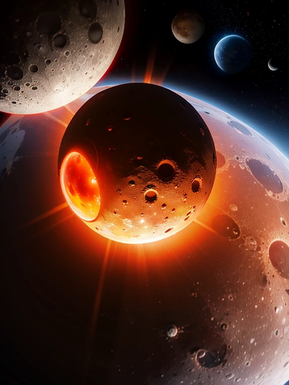 a view of a planet with a bright orange ring around it, glowing magma sphere where magma fully spans across the planet in a vein-like structure, destroyed planet, the moon crashes into the earth, the moon crashing into the earth, planet with rings, apocalyptic spherical explosion, a large sphere of red energy, red rising planet, orange planet, nuclear blast moon eclipse, exploding planet in background