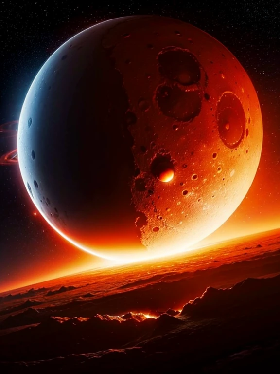 a view of a planet with a bright orange ring around it, glowing magma sphere where magma fully spans across the planet in a vein-like structure, destroyed planet, the moon crashes into the earth, the moon crashing into the earth, planet with rings, apocalyptic spherical explosion, a large sphere of red energy, red rising planet, orange planet, nuclear blast moon eclipse, exploding planet in background