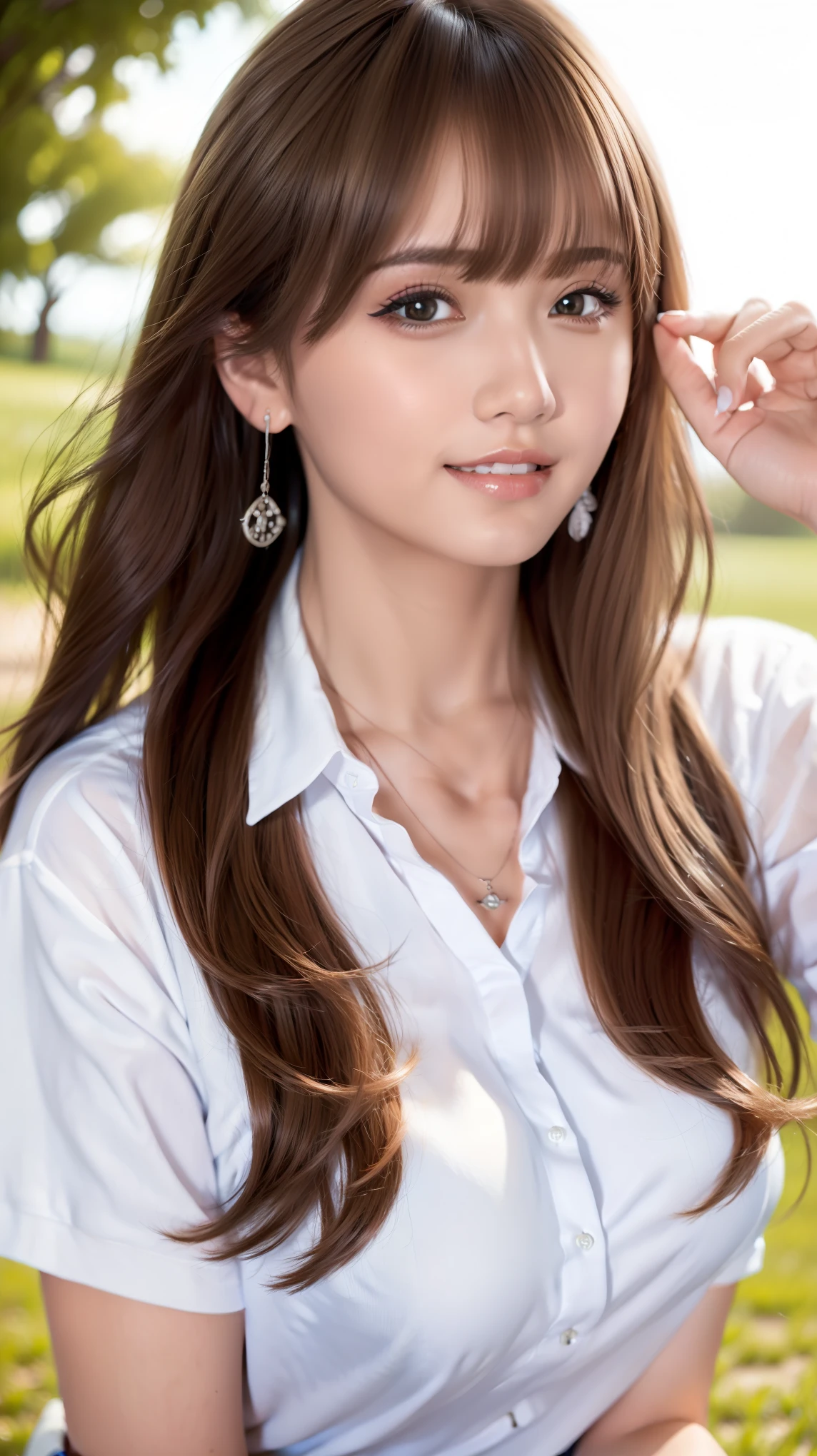 (masterpiece, highest quality, Realistic, Very detailed, In detail, Ultra-high resolution, 8k wallpaper), Close up portrait of beautiful woman, High school girls，Standing in the park，School designated summer uniform，Earrings, necklace, Laughing happily, Light brown messy long hair, Sharp Focus, Large Breasts(1.7)，Perfect dynamic composition, Beautiful big eyes, Detailed Hair, Detailed and realistic skin texture, Fashion magazine cover, Professional photography, ,xx mix_girl