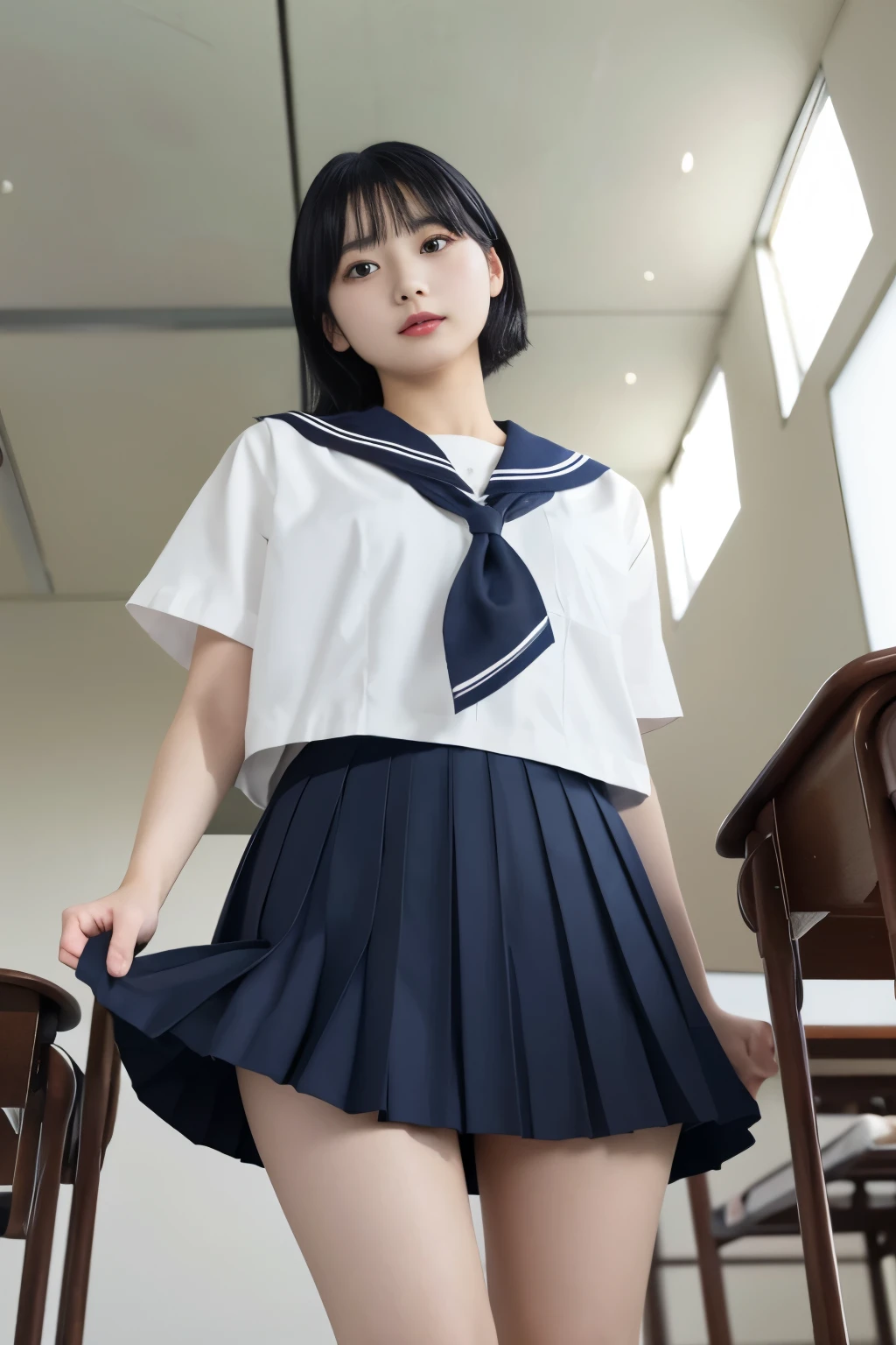 Masterpiece、highest quality、Woman 1、Super detailed、真下からceilingを見上げた図　Black Hair　Face seen from below　Japanese school girl uniform、Sailor suit、Pleated skirt　Soft thighuscular thighs、stomach　White swimsuit under skirt　ceiling