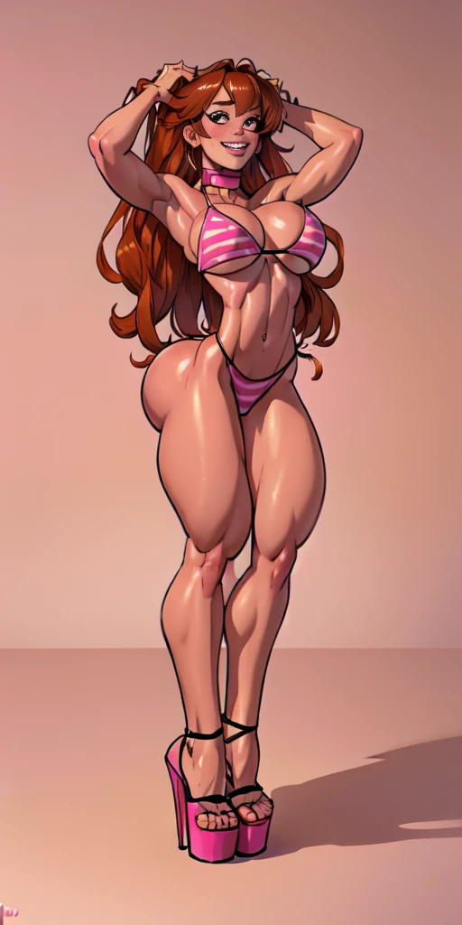 (Pink plain background) Eris Boreas Greyrat full body standing with two long thighs and high heels, big eyes, LONG messy bright RED hair, bikini stripes, hands up show shaved armpits, navel, smiling closed mouth (red blush) golden armbands, black choker
