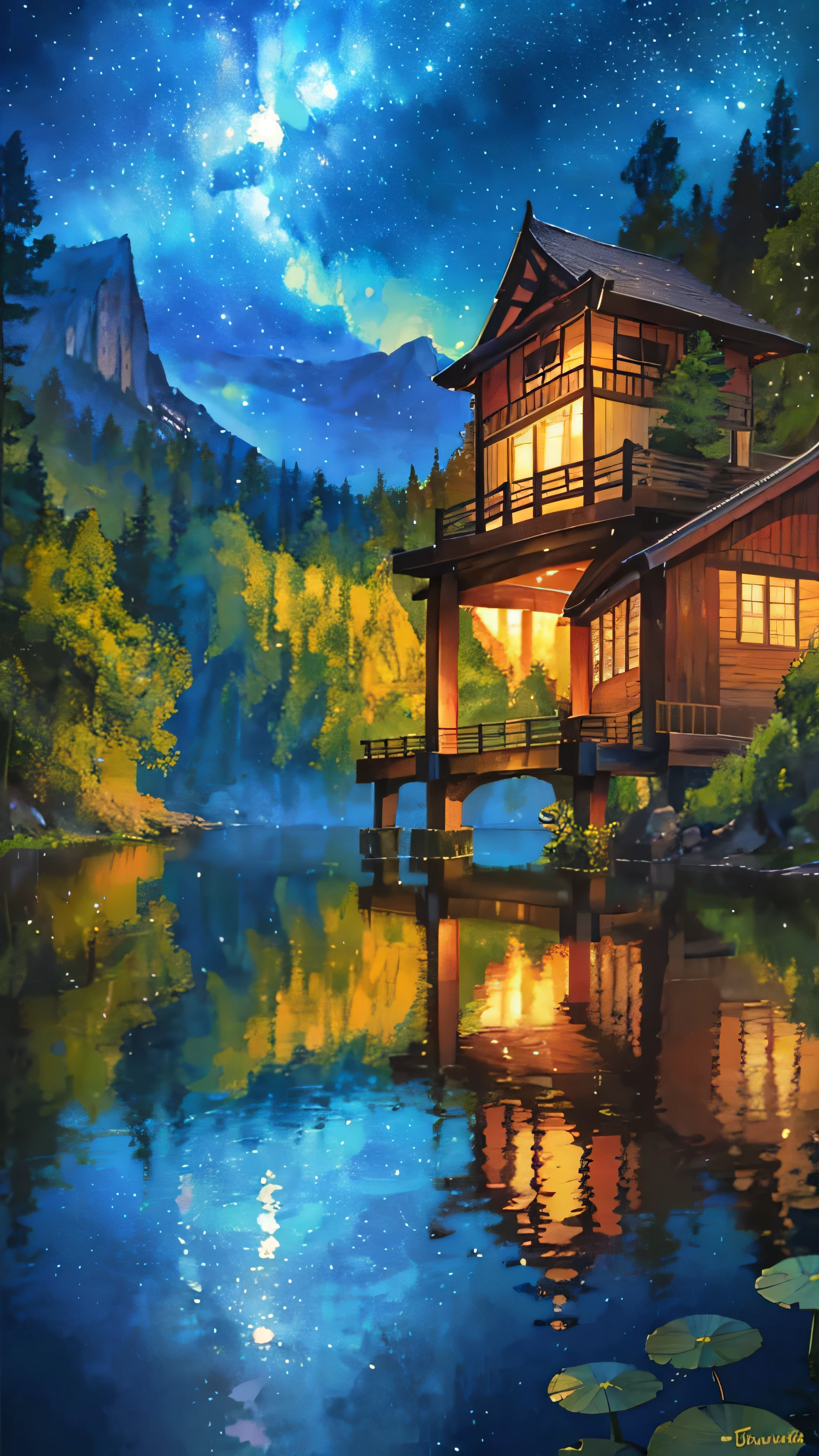 In the serene nightscape, a tranquil starry sky adorned with twinkling stars is captured in a highly realistic and intricately detailed painting. Nestled within this ethereal setting lies a vibrant and still lake, its surface gently mirroring the celestial bodies above. A graceful water lily floats atop the glassy waters, adding a touch of delicate beauty to the scene. A sturdy, wooden bridge arches over the lake, its knotted planks and rustic railing harmoniously blending into the natural background. Executed with crayons and colored pencils, every line and shading in this masterpiece exudes a sense of depth and