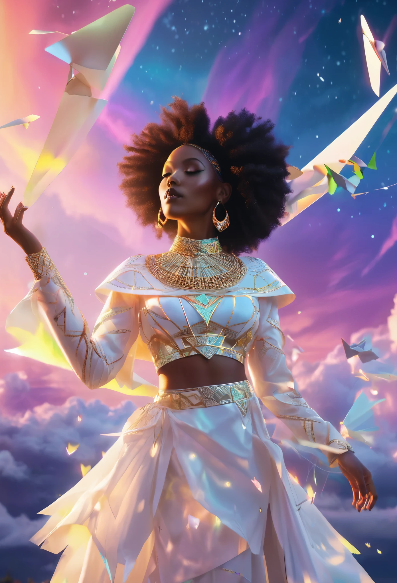 A black woman floating in the sky, surrounded by a beautiful aurora borealis in the sky, she's dressed in white African designed clothes, paper planes flying around her, 32k, ultra HD, sunlight piercing through the clouds providing a beautiful cinematic scene.