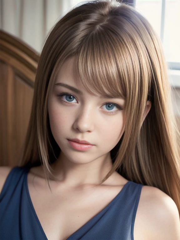 highest quality, Ultra-high resolution, (Realistic: 1.4), One 10-year-old girl, Detailed face、blush, blue eyes, Blonde, Long Straight, Silk Panties, Classic Western-style building, bed, Lie on your back