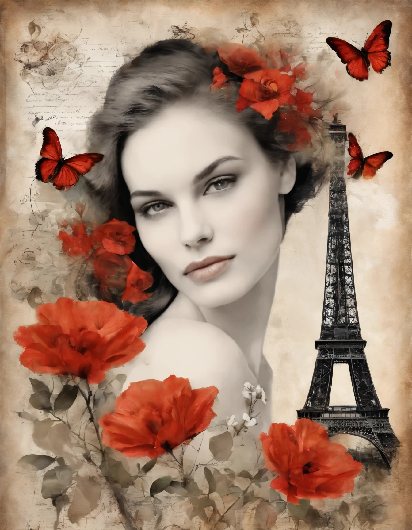 A mixed media of a beautiful woman in Paris, flowers and birds on handwritten letters texture background. The artwork combines ink drawing, watercolor washes, charcoal details, splattered paint effects, and black line drawings to create a richly textured and multilayered composition. It is filled with soft colors, creating an elegant atmosphere. In the center there's the blooming flowers. There are also various other creatures in closeup, such as butterflies