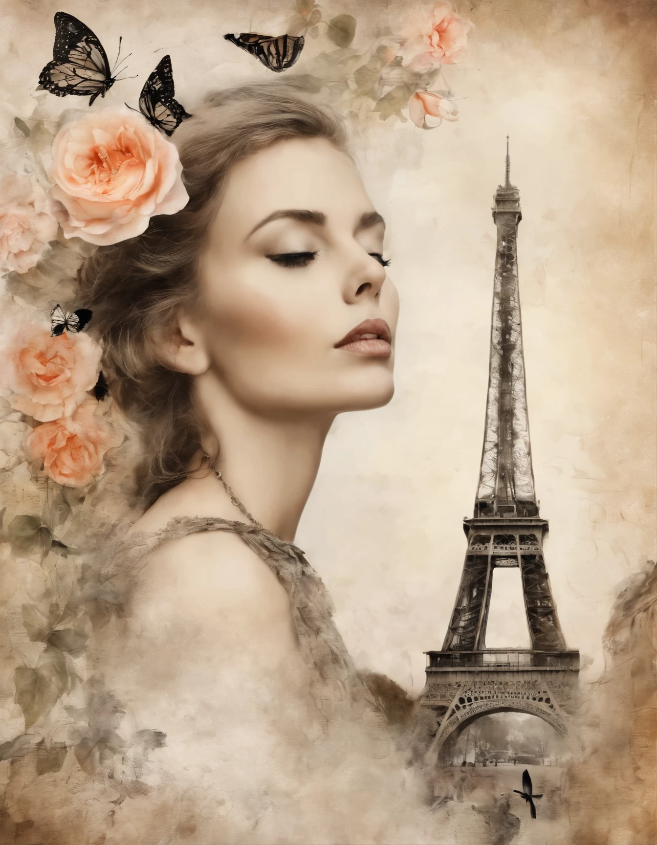 A mixed media of a beautiful woman in Paris, flowers and birds on handwritten letters texture background. The artwork combines ink drawing, watercolor washes, charcoal details, splattered paint effects, and black line drawings to create a richly textured and multilayered composition. It is filled with soft colors, creating an elegant atmosphere. In the center there's the blooming flowers. There are also various other creatures in closeup, such as butterflies