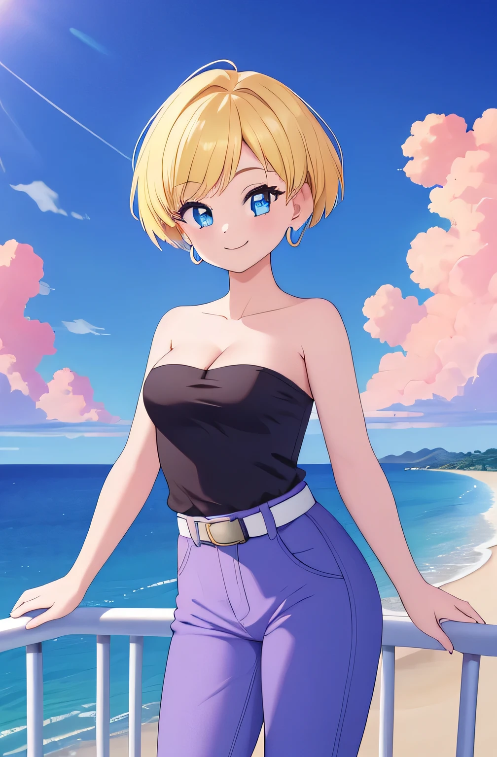 (Best Quality, Masterpiece:1.4), (Absurdres:1.2), 1 girl, Solo, erasa, blonde hair, blue eyes, earrings, black shirt, strapless, cleavage, white belt, purple pants, small breasts, sky, clouds, beachscape, smile, looking at viewer, cowboy shot, railing