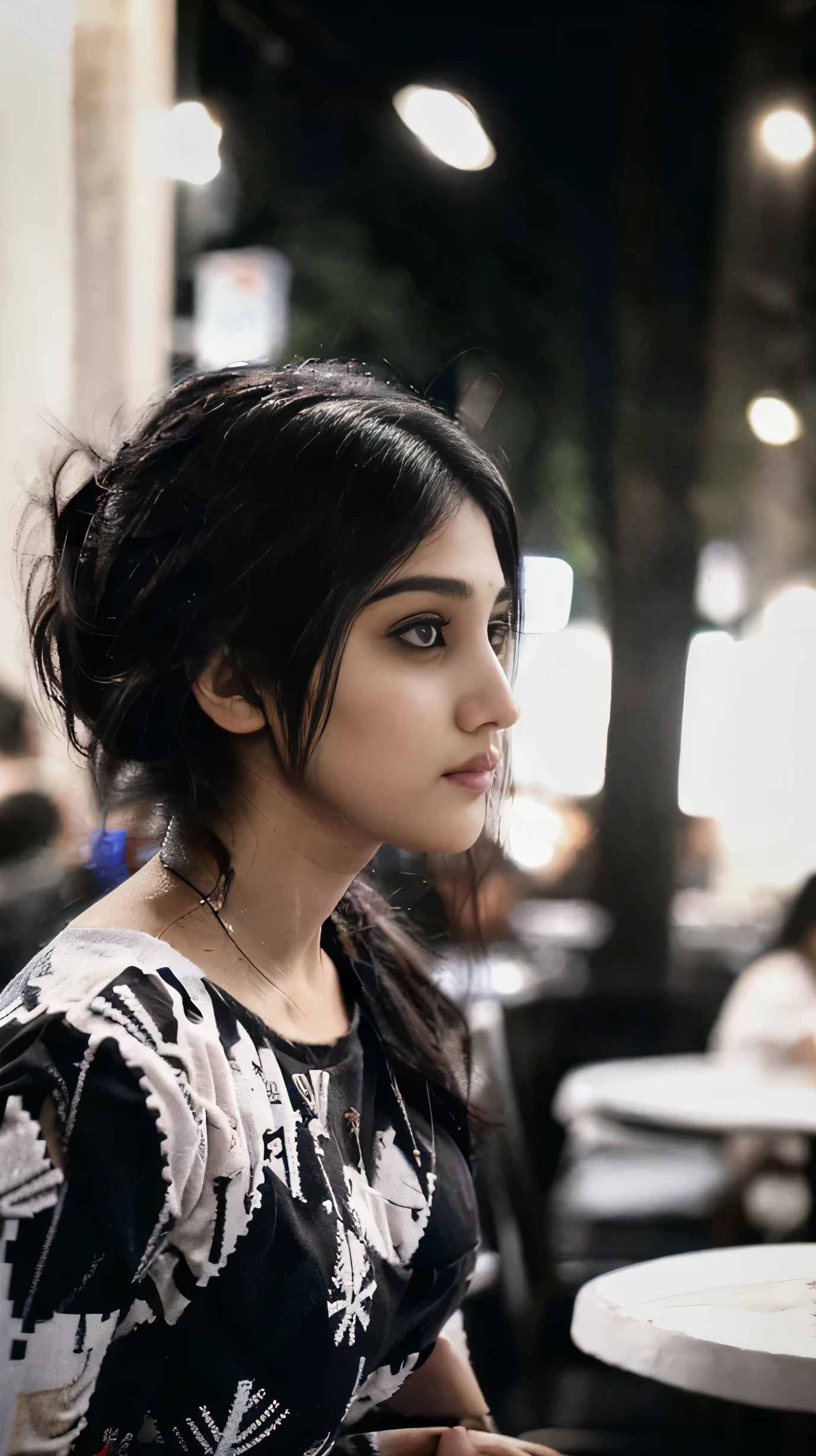 Black and white, cinematic bloom,Raw photo, realistic,girl,Indian girl,age 22, full body,pale skin, body, beautiful face, detailed face,black fishnet sweater dress,big breasts, upper body, sitting, cowboy shot, outdoor, night, restaurant, ((looking at viewer:1.4)),((face towards me)), from below,side profile