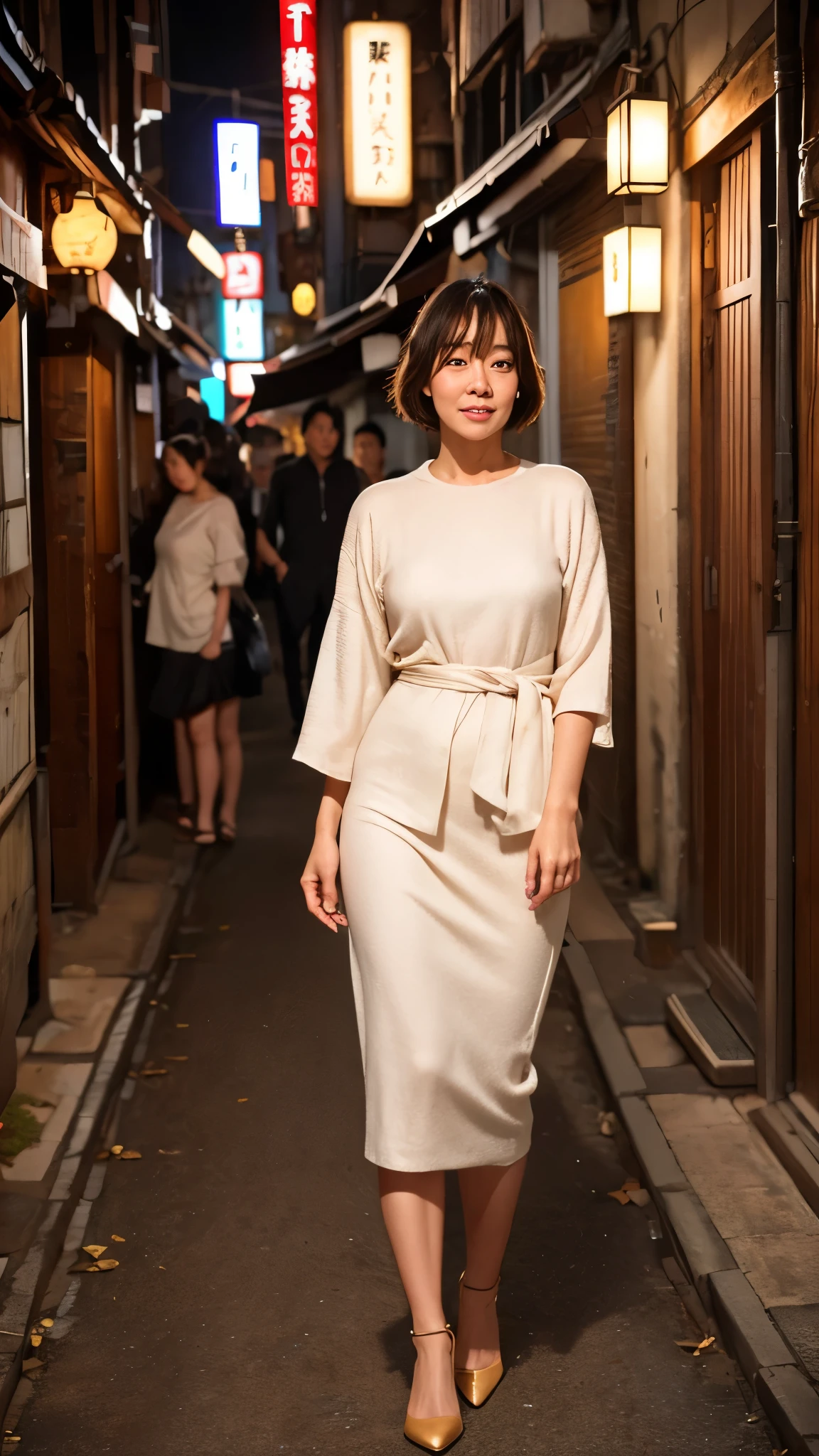 (Beautiful woman, High resolution, Wallpaper 8K Screen, highest quality, Real, Super fine, Exquisite and perfect dynamic composition, (Japanese mature woman walking down a rundown alley), (Shinjuku Golden Gai at night: 1.4) , (Detailed background), （Casual wear: 1.4), (60 year old Japanese mature woman), (Realな肌の質感), (Rough overall skin texture: 1.3), (Dull skin: 1.1), (Unmoisturized skin: 1.2), (Skin wrinkles: 0.9), (Wrinkles around the eyes: 1.2), double eyelid, Tear bags under the eyelids, Serious expression, Straight gaze, (Dimples: 1.2), Deep and beautiful eyes, Short bangs, Natural hair movement, High heels、Glamorous body, (Full body portrait: 1.4),