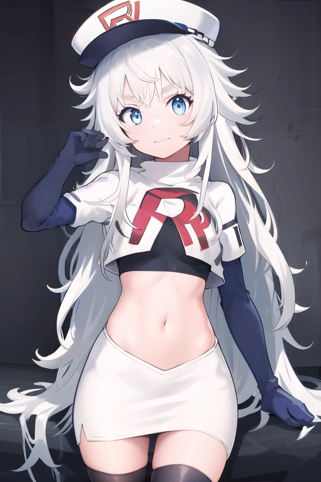 masterpiece, best quality, highres, 1girl, solo, long hair, hat, blue eyes, white hair, messy hair, team rocket,team rocket uniform,white skirt,red letter R,crop top,black thigh-highs,black elbow gloves