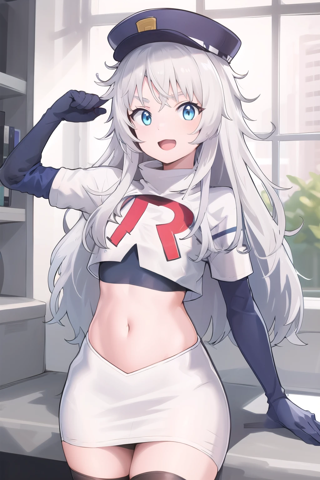 masterpiece, best quality, highres, 1girl, solo, long hair, hat, blue eyes, white hair, messy hair, team rocket,team rocket uniform,white skirt,red letter R,crop top,black thigh-highs,black elbow gloves