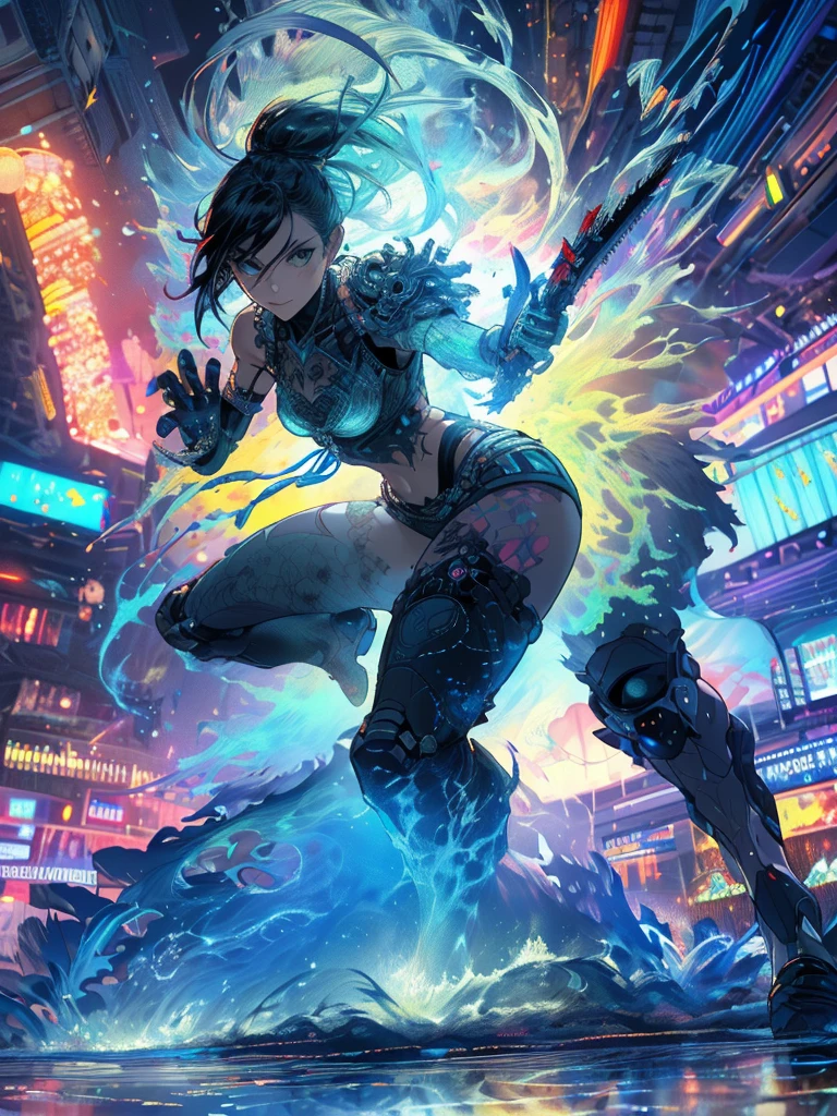 gwenpool, ((assassin style)),((Doragon)),water world,Colosseum,saibe,tattoo,no clothes,Savage,small bust,robot hand,Shoulder-length messy hair, no clothes,Detailed beautiful face,Delicate and beautiful eyes,shield,happy, mail, Super fine skin,Beautiful slim style anime girl, Super detailed painting, Luminism, Concept art by Carne Griffiths and Wadim Kashin, 4K resolution, Fractal isometric detail bioluminescence , 3D rendering, octane rendering, complexly detailed , ish, Trending isometric center hyperrealistic cover photo awesome full color on artstation, Hand Painted , Gritty, Realistic Mucha , complex, Hit definition , ish,rough sketch, Thick lines, on the paper, (saiber punk:1.4), frills,lace,frills,lace,frills,lace
BREAK
((Cool oversized chainsaw in hand)), ((Super large cool weapon machine)),open stance, Action pose,
White background,simple background,Wide-angle lens