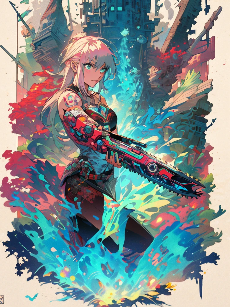 gwenpool, ((assassin style)),((Doragon)),water world,Colosseum,saibe,tattoo,no clothes,Savage,small bust,robot hand,Shoulder-length messy hair, no clothes,Detailed beautiful face,Delicate and beautiful eyes,shield,happy, mail, Super fine skin,Beautiful slim style anime girl, Super detailed painting, Luminism, Concept art by Carne Griffiths and Wadim Kashin, 4K resolution, Fractal isometric detail bioluminescence , 3D rendering, octane rendering, complexly detailed , ish, Trending isometric center hyperrealistic cover photo awesome full color on artstation, Hand Painted , Gritty, Realistic Mucha , complex, Hit definition , ish,rough sketch, Thick lines, on the paper, (saiber punk:1.4), frills,lace,frills,lace,frills,lace
BREAK
((Cool oversized chainsaw in hand)), ((Super large cool weapon machine)),open stance, Action pose,
White background,simple background,Wide-angle lens