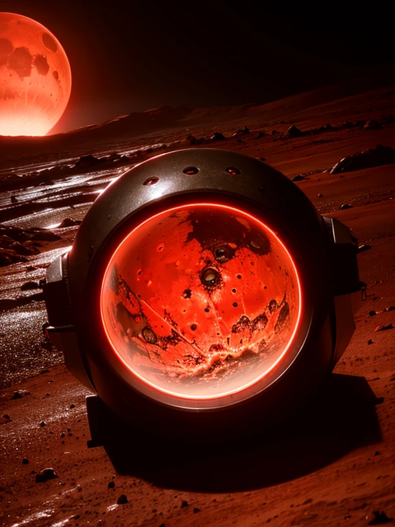 cybernetic Mars with a red light inside, mechanized Mars crust, Mars sprouts lava, Mars' red mantle is visible, hollow Mars, vtm, canyons and ridges all across earth, geysers of fire,