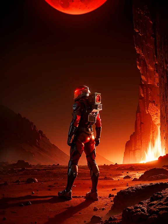 cybernetic Mars with a red light inside, mechanized Mars crust, Mars sprouts lava, Mars' red mantle is visible, hollow Mars, vtm, canyons and ridges all across earth, geysers of fire,