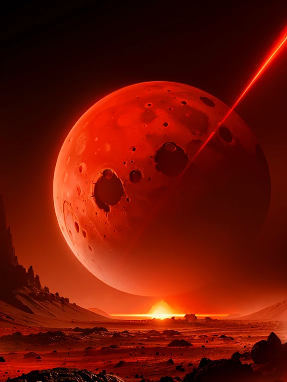 cybernetic Mars with a red light inside, mechanized Mars crust, Mars sprouts lava, Mars' red mantle is visible, hollow Mars, vtm, canyons and ridges all across earth, geysers of fire,
