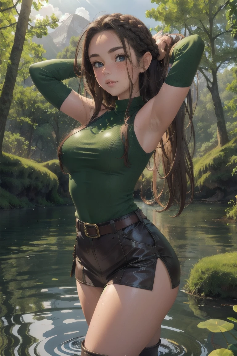 elf girl, master piece, mountains, forest, chilling in lake, thigh deep in water, walking to viewer, leather straps, one piece green sweater, blushing, freckles, wide hips, slim waist, thick thighs, hourglass shape, masterpiece, best quality, sfw, mature 26 year old woman, eleagant lake, tranquility fills the morning air, dew on trees and lake, slightly foggy, brown hair, thigh high leather boots, standing in water, moist face, bare shoulders, sleeveless top, leather belt, vast open lake, vary large lake, beutiful reflection, god rays coming through clouds, wavy hair, mouth open, shiny. lips, mist and dew elegantly falling over lake, slightly overcast, braided hairband, beutiful round eyes, very early in the morning, doe eyes, inocent, content, peaceful happy, hands on head, arms up