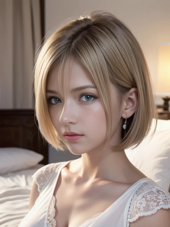 highest quality, Ultra-high resolution, (Realistic: 1.4), One -yeld gi Detailed face、blush, blue eyes, Blonde, short hair, White lace panties, Classic Western-style building, bed, Lie on your back