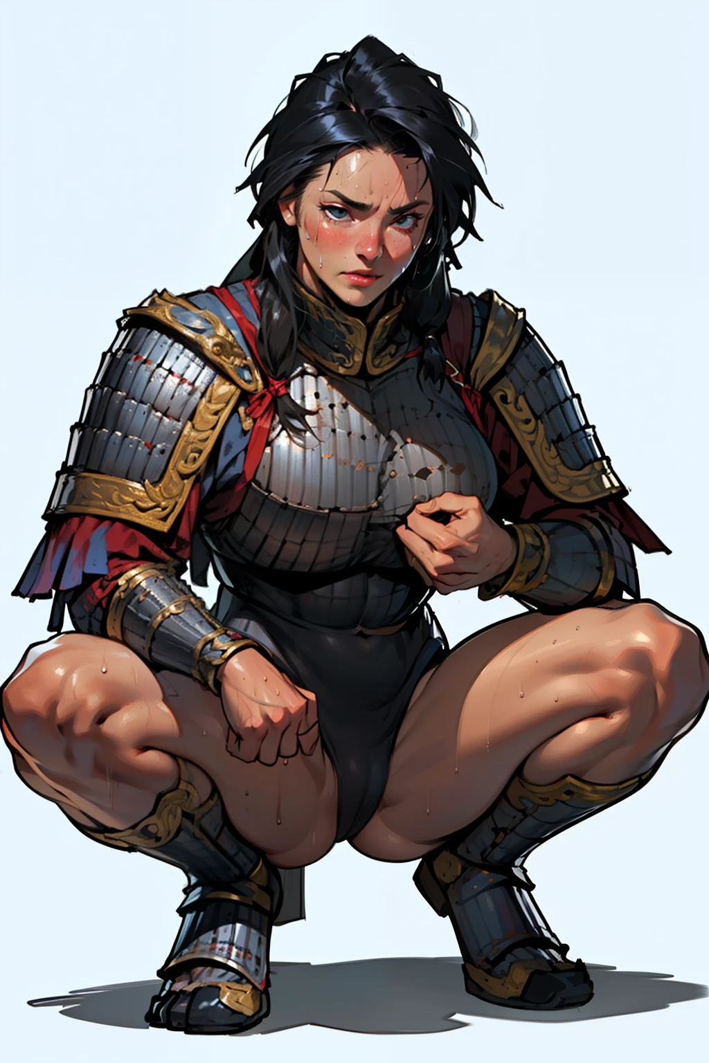 (high resolution, pixel perfect, realistic, gorgeous illustrations), (hyper quality, muste piece, etheric: 1.4), (((1girl))), ((((black skin)))), clothed, (((((((squatting,open legs))))))), tattoo, woman, cool atmosphere, (((((((long hair))))))), ((Exquisite face)), (aroused), (((((((muscular))))))), ((thick thighs)), (((wide hips))), ((Big brare about to burst)), fighter, (((woman))), ((((wh_chi_armor)))), ((leotard)), (((cameltoe))), (shiny skin), ((((gleaming skin)))), (((sweat))), simple background,