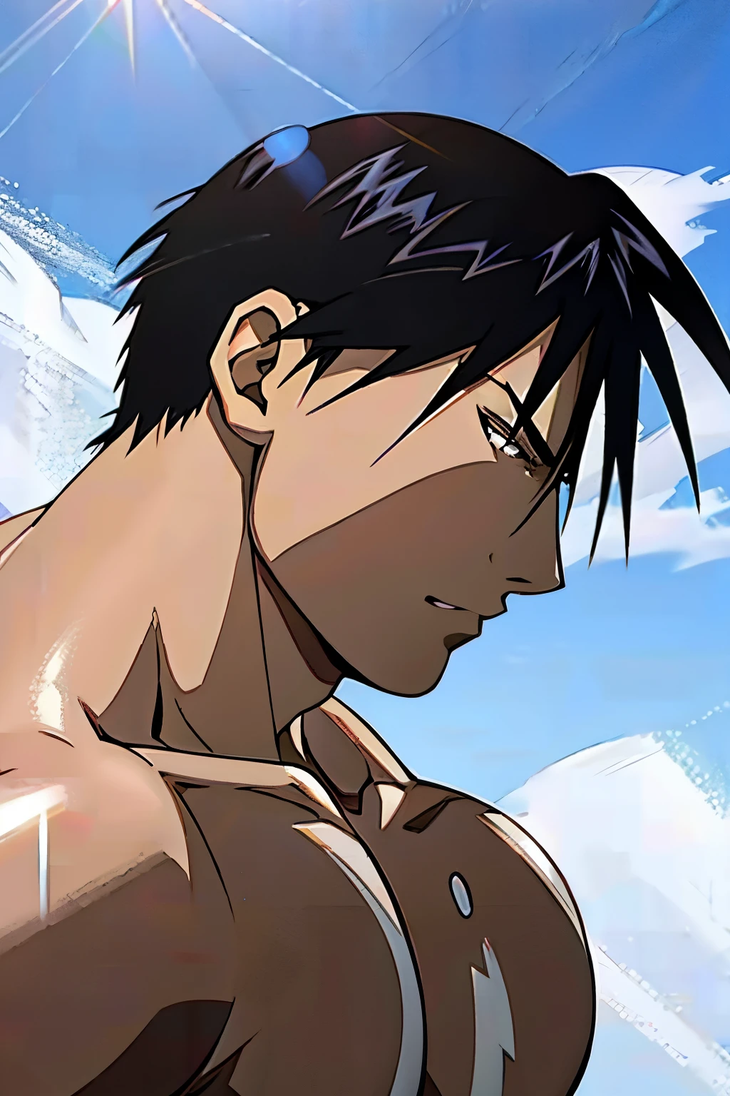 Roy Mustang from Full Metal Alchemist, shirtless, bodybuilder