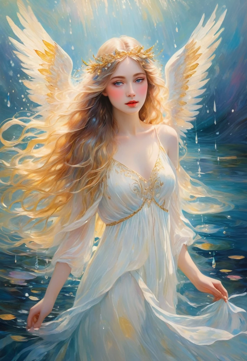 "(best quality,ultra-detailed),water element angel from lake,beautiful detailed eyes,beautiful detailed lips,flowing white dress,ethereal beauty,long flowy hair,golden halo,sparkling water drops,floating wings,soft ethereal light,impressionist painting style,vibrant colors,pastel color palette"