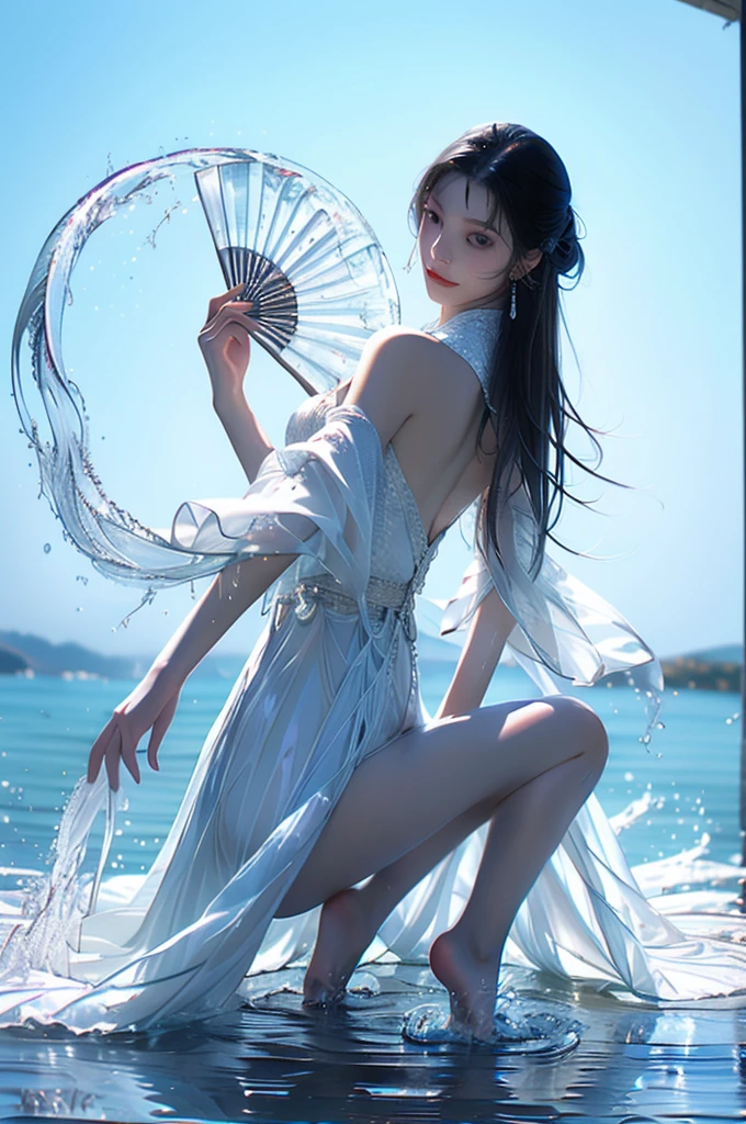 yushuishan, 1 Girl, Hand fan, Solitary, yes, water, skirt, barefoot, jewelry, earrings, Keep, white skirt, breast, Black Hair, Long hair, whole body, Keep fan, night, Bare shoulders, retreat, looking retreat, transparent, foot, Folding fan, From the back, Bare legs, Sole, bare retreat,
best quality,masterpiece,Ultra-high resolution,