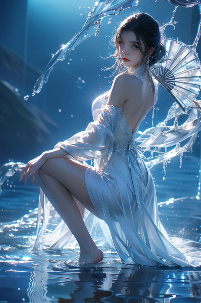 yushuishan, 1 Girl, Hand fan, Solitary, yes, water, skirt, barefoot, jewelry, earrings, Keep, white skirt, breast, Black Hair, Long hair, whole body, Keep fan, night, Bare shoulders, retreat, looking retreat, transparent, foot, Folding fan, From the back, Bare legs, Sole, bare retreat,
best quality,masterpiece,Ultra-high resolution,