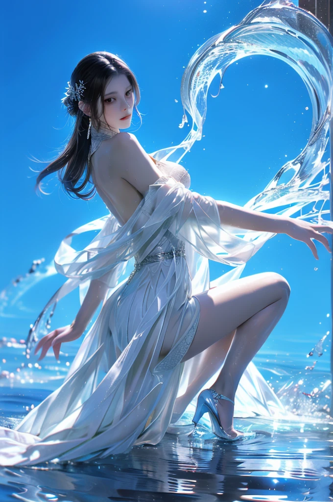 yushuishan, 1 Girl, water, High heel, skirt, Bare legs, Hand fan, Solitary, Long hair, look back, ripple, whole body, jewelry, white skirt, Hair accessories, Forehead Mark, splash, Brown hair, blue skirt,
best quality,masterpiece,Ultra-high resolution,
