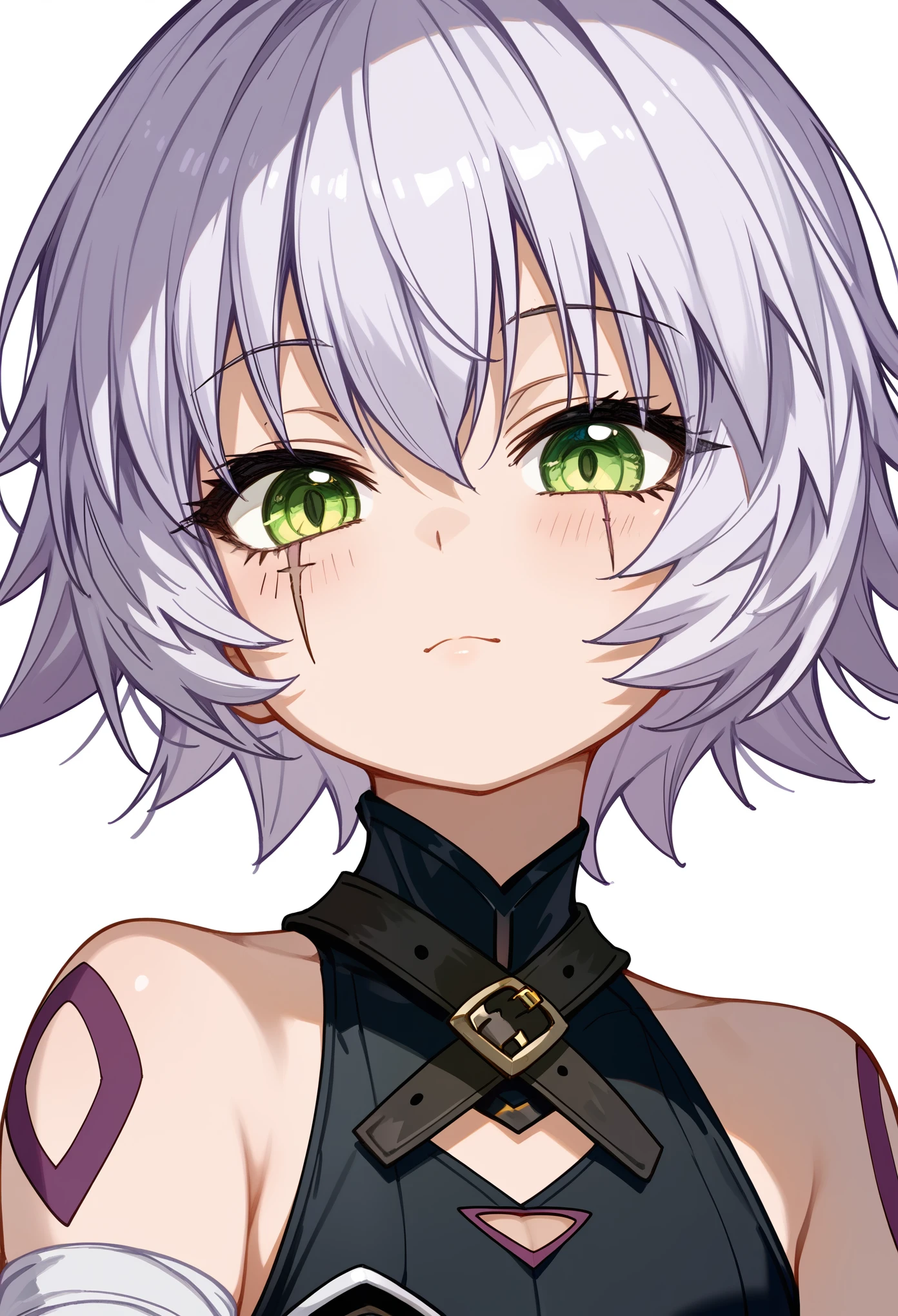 Masterpiece, best quality, score_9, score_8_up, score_7_up, 1girl, solo, jack the ripper \(fate/apocrypha\), close-up, portrait, short hair, grey hair, green eyes, scars, scar on right eye, scar on left cheek, shoulder tattoo, bandages, bandaged arm, arm belt, belt, sleeveless, fingerless gloves, single glove, neutral, innexpressive, standing, arms at sides, upper body, below view, looking at viewer, white background, simple background