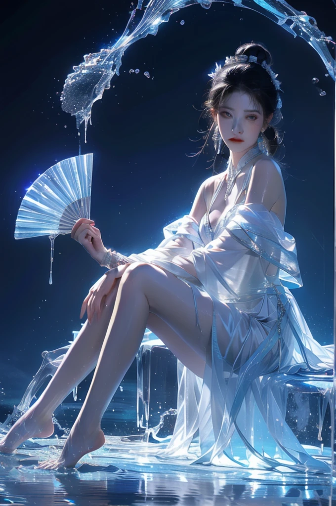 yushuishan, 1 Girl, water, Hand fan, Solitary, jewelry, skirt, barefoot, Hair Bun, earrings, Hair accessories, Bare shoulders, bracelet, Keep, Looking at the audience, Black Hair, Chinese clothes, Bare legs, splash, single Hair Bun,
best quality,masterpiece,Ultra-high resolution,