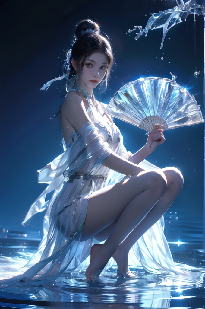 yushuishan, 1 Girl, water, Hand fan, Solitary, jewelry, skirt, barefoot, Hair Bun, earrings, Hair accessories, Bare shoulders, bracelet, Keep, Looking at the audience, Black Hair, Chinese clothes, Bare legs, splash, single Hair Bun,
best quality,masterpiece,Ultra-high resolution,