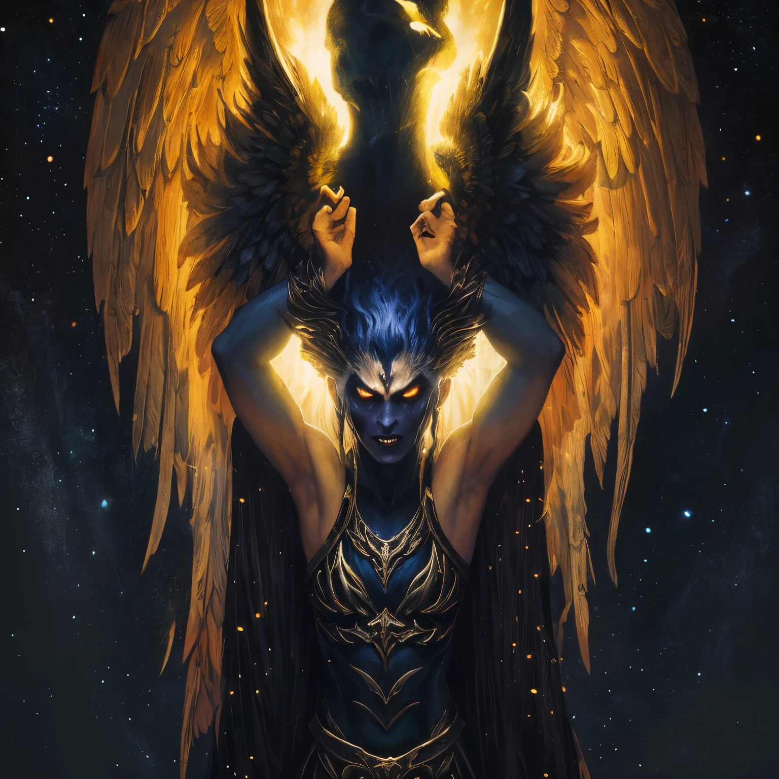 (best quality,4k,8k,highres,masterpiece:1.2),ultra-detailed,realistic:1.37,epic art,colorful scary angel,(Apterus:1.5),oil painting,angry eyes,dark wings,vibrant colors,mysterious background,heavenly atmosphere,glowing halo,intense emotions,expressive brushstrokes,haunting presence,ethereal beauty,foreboding shadows,ominous lighting,dramatic composition,demonic features,sharp and detailed feathers,distinctive textures,contrast between light and dark,awe-inspiring,otherworldly,divine,fantasy theme,mythological creature,impressive wingspan,dynamic pose,ominous clouds,fallen angel,intricate details,captivating,unforgettable,visually stunning