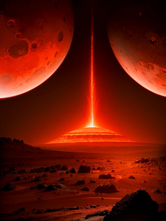cybernetic Mars with a red light inside, mechanized Mars crust, Mars sprouts lava, Mars' red mantle is visible, hollow Mars, vtm, canyons and ridges all across earth, geysers of fire,