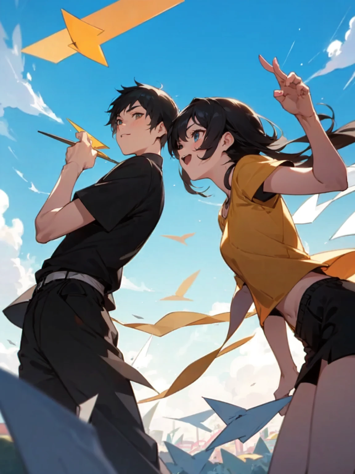 2 people, 2 shots, looking away, boy, , friends, paper planes, active posing, warm atmosphere, 2 people, blue sky, perfect composition, trending pixiv fanbox, happy, clear eyes, anime hand drawn illustration, (perfect anatomy), (ingenious angle), beautiful composition,