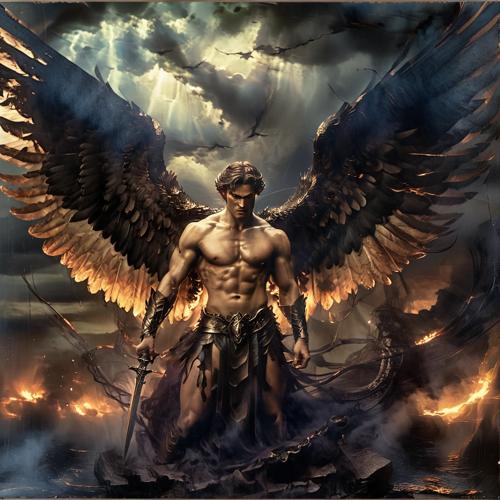 (best quality,4k,8k,highres,masterpiece:1.2),ultra-detailed,realistic:1.37,epic art,colorful scary angel,(Apterus:1.5),oil painting,angry eyes,dark wings,vibrant colors,mysterious background,heavenly atmosphere,glowing halo,intense emotions,expressive brushstrokes,haunting presence,ethereal beauty,foreboding shadows,ominous lighting,dramatic composition,demonic features,sharp and detailed feathers,distinctive textures,contrast between light and dark,awe-inspiring,otherworldly,divine,fantasy theme,mythological creature,impressive wingspan,dynamic pose,ominous clouds,fallen angel,intricate details,captivating,unforgettable,visually stunning