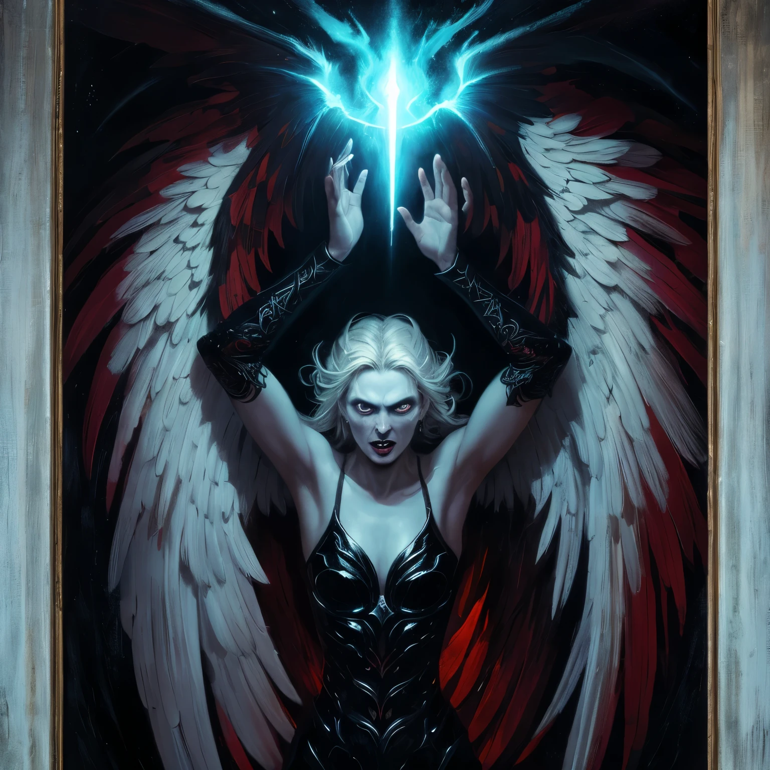 (best quality,4k,8k,highres,masterpiece:1.2),ultra-detailed,realistic:1.37,epic art,colorful scary angel,(Apterus:1.5),oil painting,angry eyes,dark wings,vibrant colors,mysterious background,heavenly atmosphere,glowing halo,intense emotions,expressive brushstrokes,haunting presence,ethereal beauty,foreboding shadows,ominous lighting,dramatic composition,demonic features,sharp and detailed feathers,distinctive textures,contrast between light and dark,awe-inspiring,otherworldly,divine,fantasy theme,mythological creature,impressive wingspan,dynamic pose,ominous clouds,fallen angel,intricate details,captivating,unforgettable,visually stunning