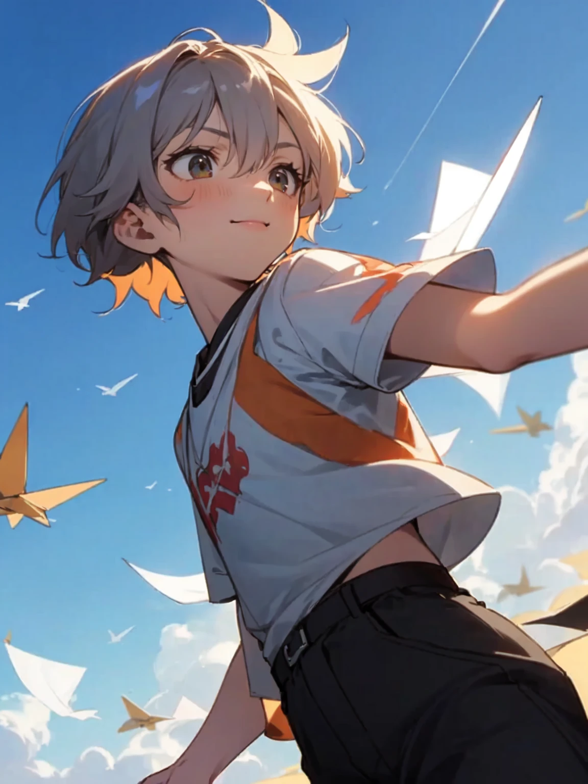 2 people, 2 shots, looking away, boy, 14 years old, friends, paper planes, active posing, warm atmosphere, 2 people, blue sky, perfect composition, trending pixiv fanbox, happy, clear eyes, anime hand drawn illustration, (perfect anatomy), (ingenious angle), beautiful composition,
