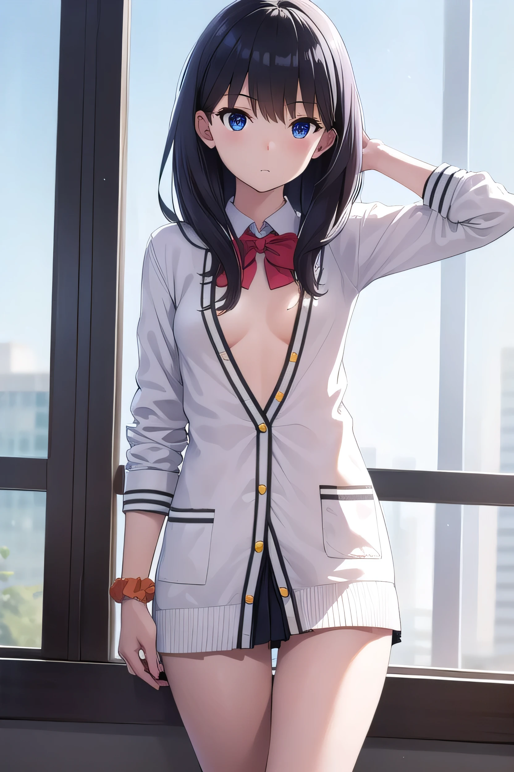 Rikka body, rikka takarada, Black Hair, blue eyes, Long Hair, orange Scrunchie, Scrunchie, wrist Scrunchie, (Small breasts:1.2),break black footwear, black skirt, bow, bowtie, button, cardigan, Collared shirt, Long sleeve, Micro Skirt, Pleated skirt, red bow, red bowtie, red shoes, shoes, shoes, Thighs, white cardigan, White shirt,break outdoors, city,break looking at viewer, break (masterpiece:1.2), highest quality, High resolution, unity 8k wallpaper, (figure:0.8), (Beautiful fine details:1.6), Highly detailed face, Perfect lighting, Highly detailed CG, (Perfect hands, Perfect Anatomy),Cowboy Shot, Undressing, Change of clothes, Open shirt, Shirtless, Pink bra, Pure White Panties, window, Small breasts, Small breasts, Mouth closed, sunlight, Backlight, Skirt Hold,