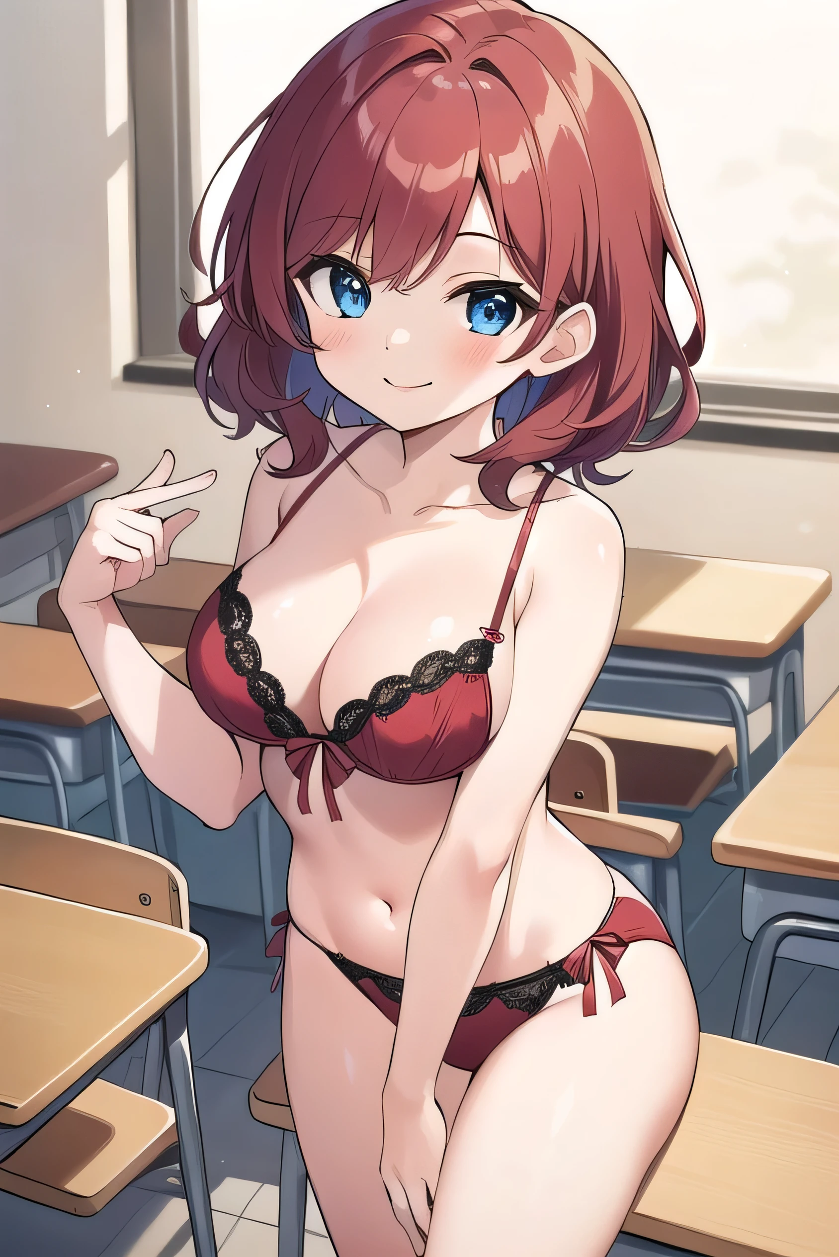 Big breasts, red hair, blue eyes, droopy eyes,  , super big breasts, (medium hair: 1), elementary school studentt, 10 years old,  shy , smiling a little, soft hair，rSet