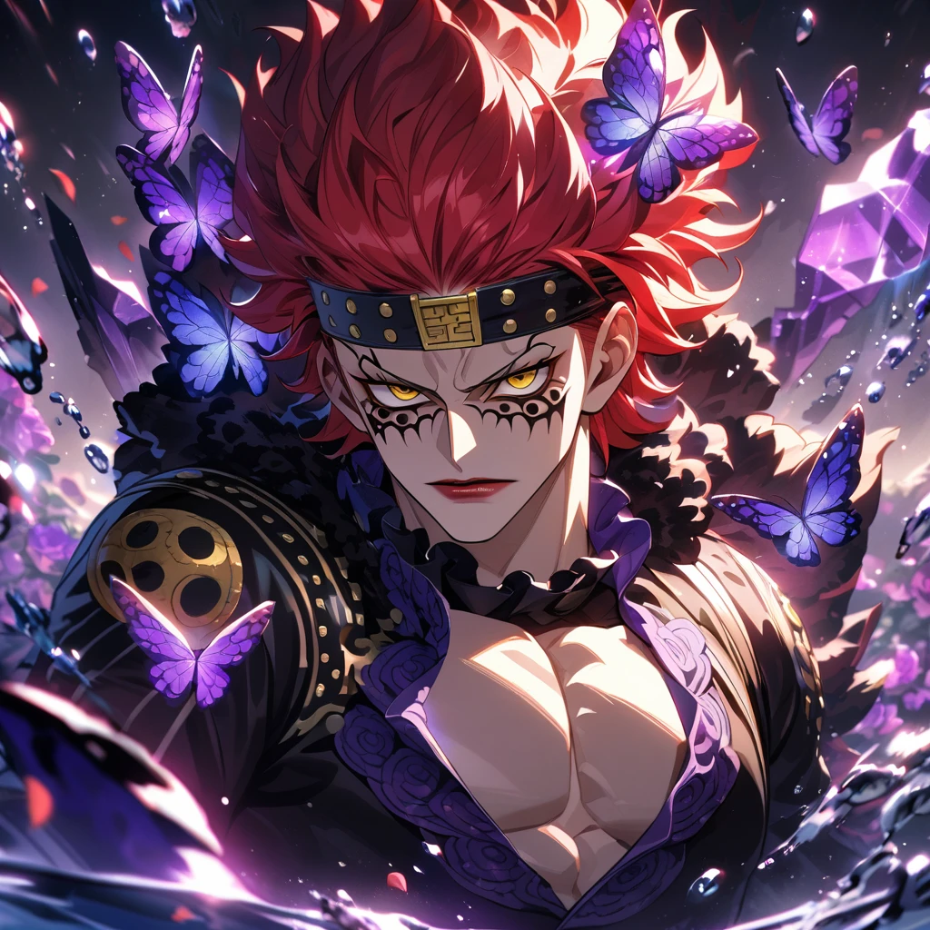 Ultra detailed, HDR, Highres, absurdres, master piece, Eustass ???, red hair, expressive yellow eyes, red lips, black clothes with patterns, One Piece, purple glittering butterflies, purple ice, petals, purple ice roses, sexy man, solo, extremely detailed face and eyes, handsome, glittering, water