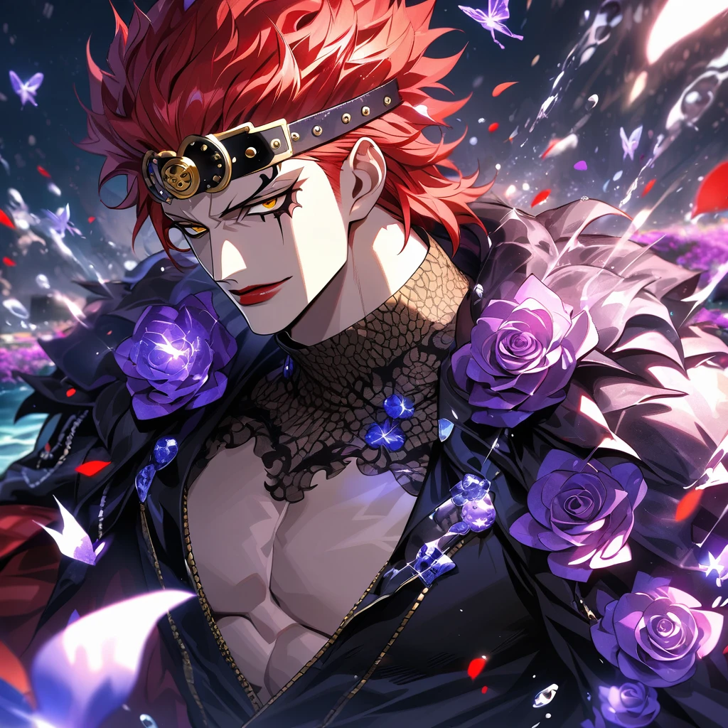 Ultra detailed, HDR, Highres, absurdres, master piece, Eustass ???, red hair, expressive yellow eyes, red lips, black clothes with patterns, One Piece, purple glittering butterflies, purple ice, petals, purple ice roses, sexy man, solo, extremely detailed face and eyes, handsome, glittering, water
