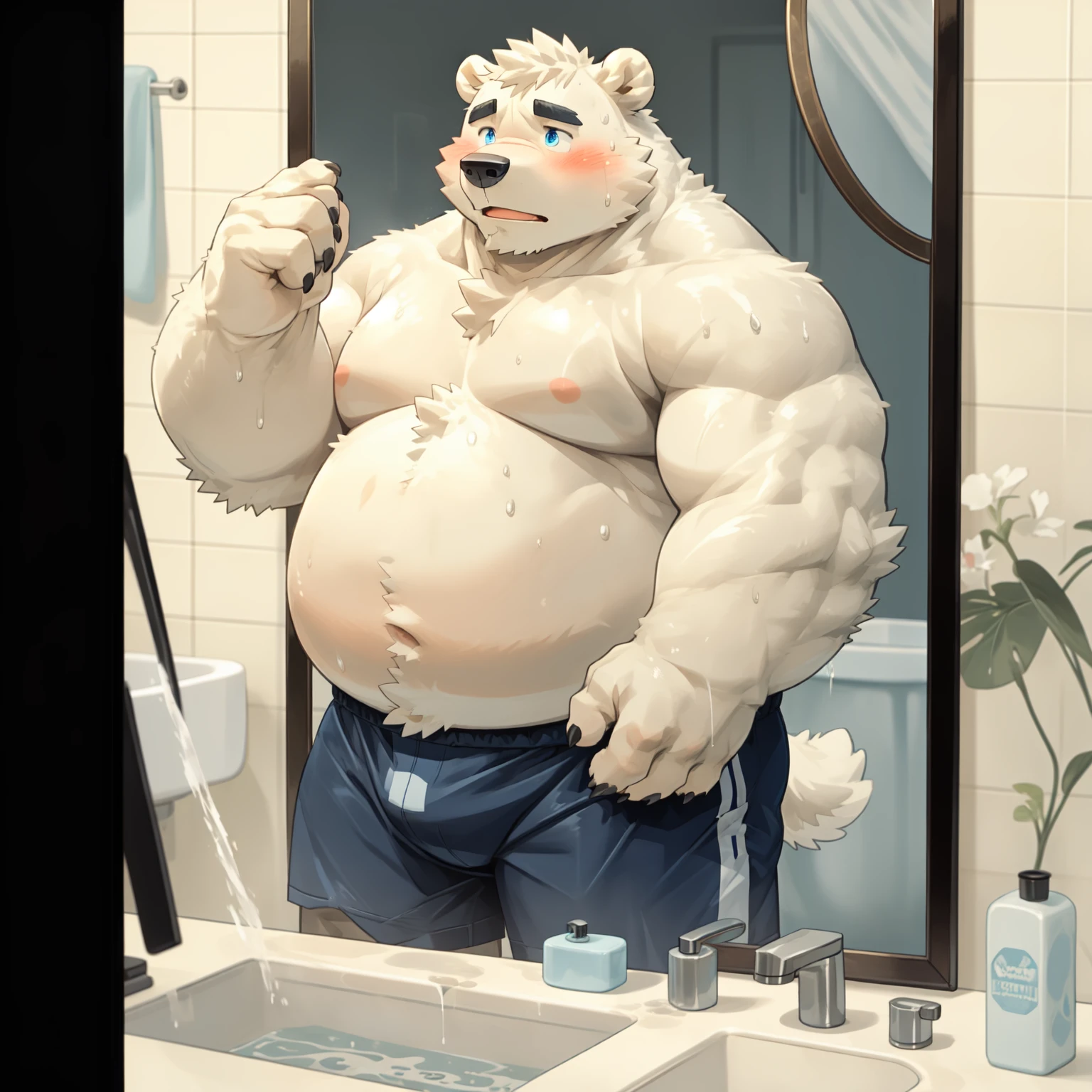 New Jersey 5 Furry,polar bear,Exquisite,Washing Basin,Standing in front of the mirror,Look in the mirror,Standing,Touch your stomach with your hands,shorts,sweat, blush. Solitary,Chubby,Fat,Thick arms,Rugged muscles,White plush fur,Chubby脸,Black eyebrows,Sky blue eyes,Beard,Cover, high resolution, top quality, best quality,